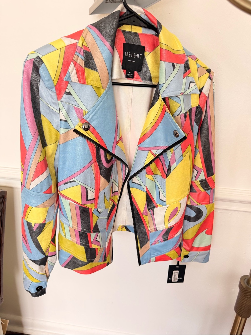 INSIGHT Multicolor Geometric Moto Jacket NWT |Pink, Yellow & Blue | M